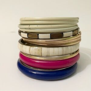 Eclectic Boho Bangle Bracelet Lot Enamel, Gold Tone & Inlay Stack